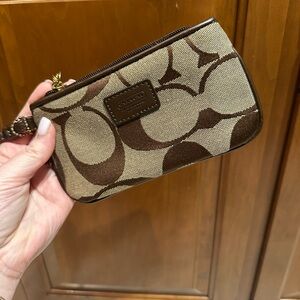 Coach Brown and Tan Signature Canvas Wristlet